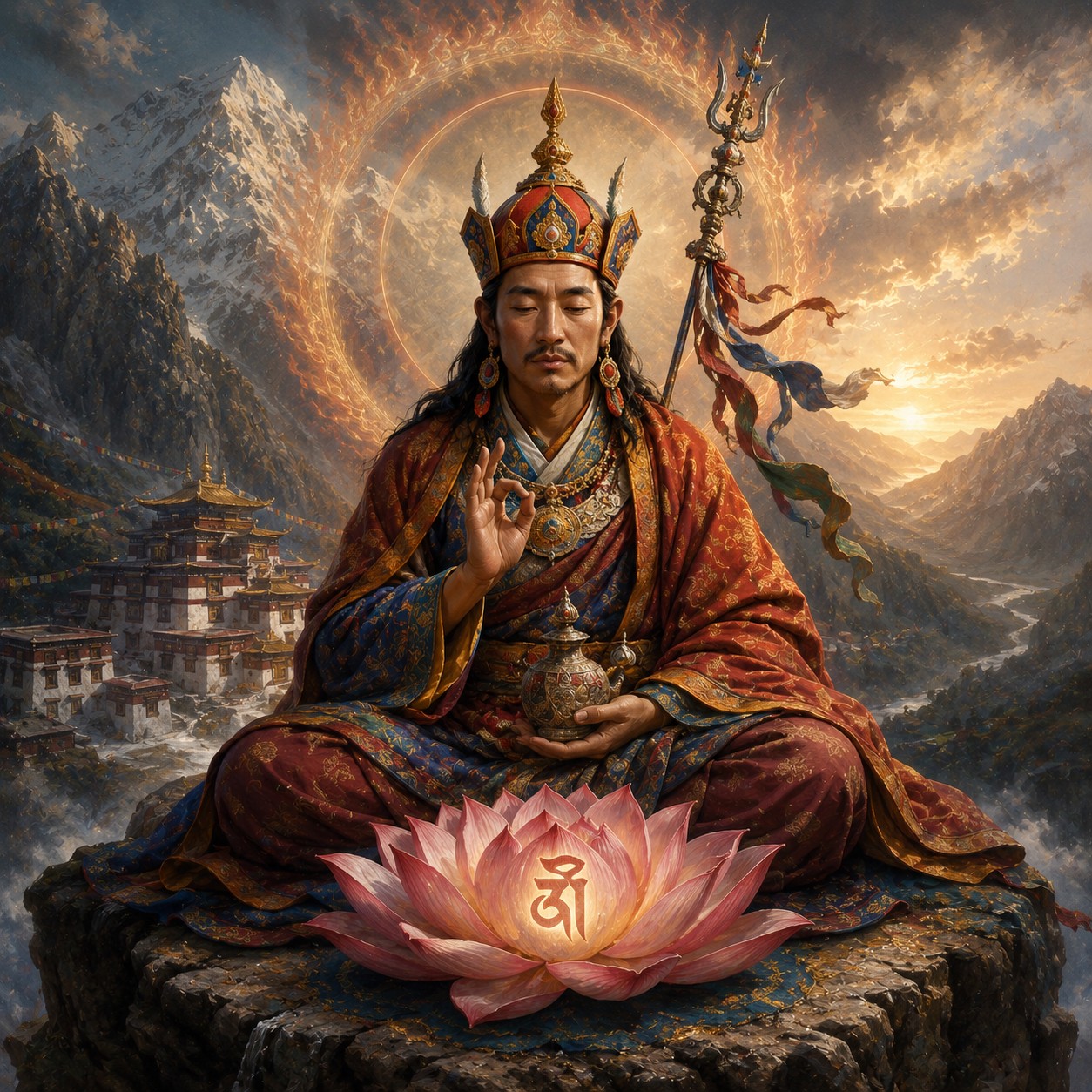 莲花生大士：一朵八瓣莲花浮于空处，花瓣舒展分明，莲心承托一枚垂直树立的金刚杵与侧卧的宝瓶，微光自法器接合处隐约透出