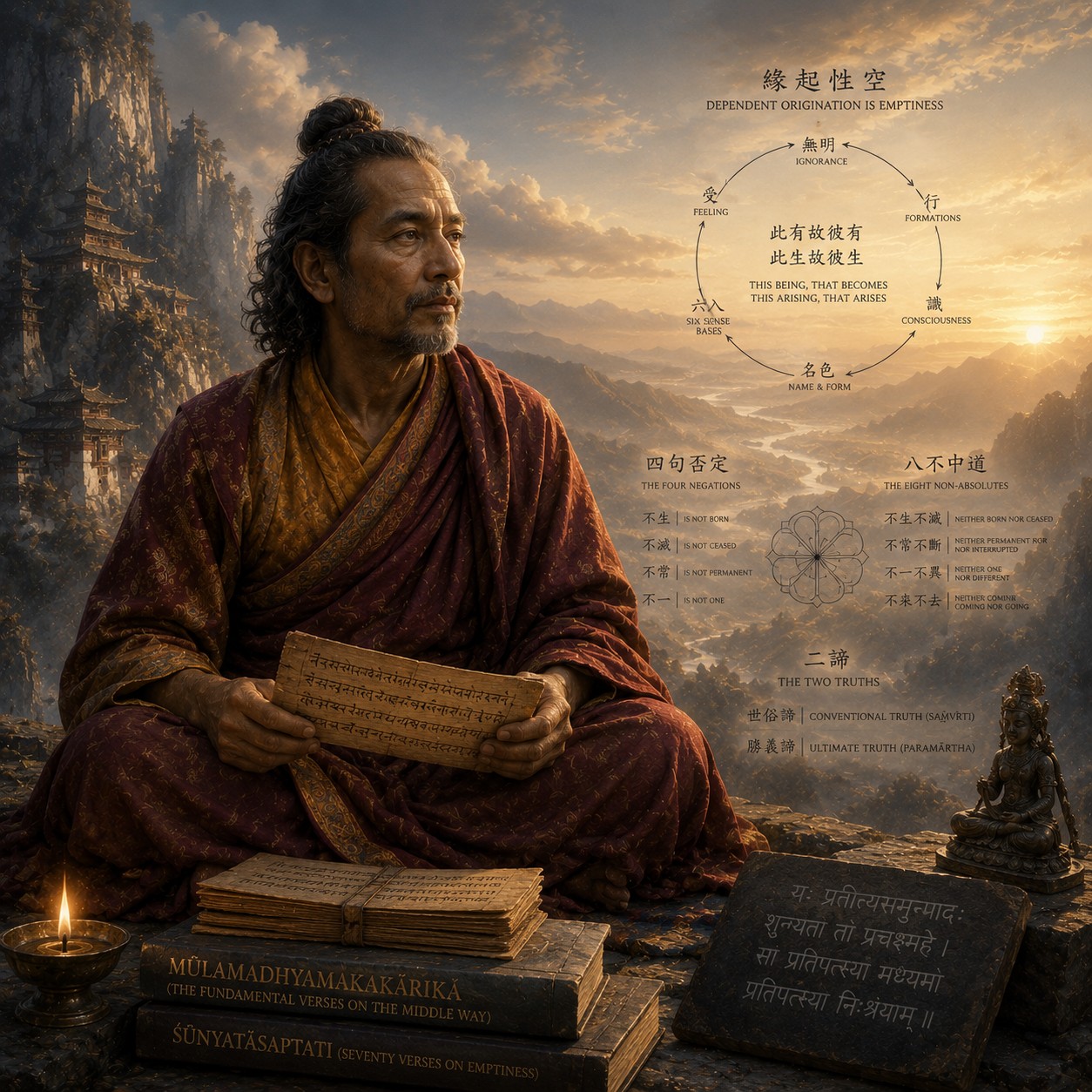 龙树：一朵半透明金婆罗花悬浮于空，花瓣薄如蝉翼，花蕊处虚实难辨，四周归于无垠空旷，花心渗出一点细微暖意