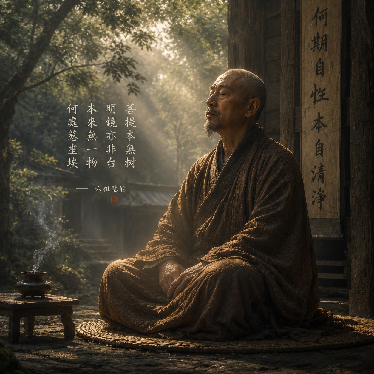 六祖慧能：一件陈旧袈裟悬垂于空处，衣襟有细密补丁纹理，布纹清晰自然，袖口处有一处暖意透出