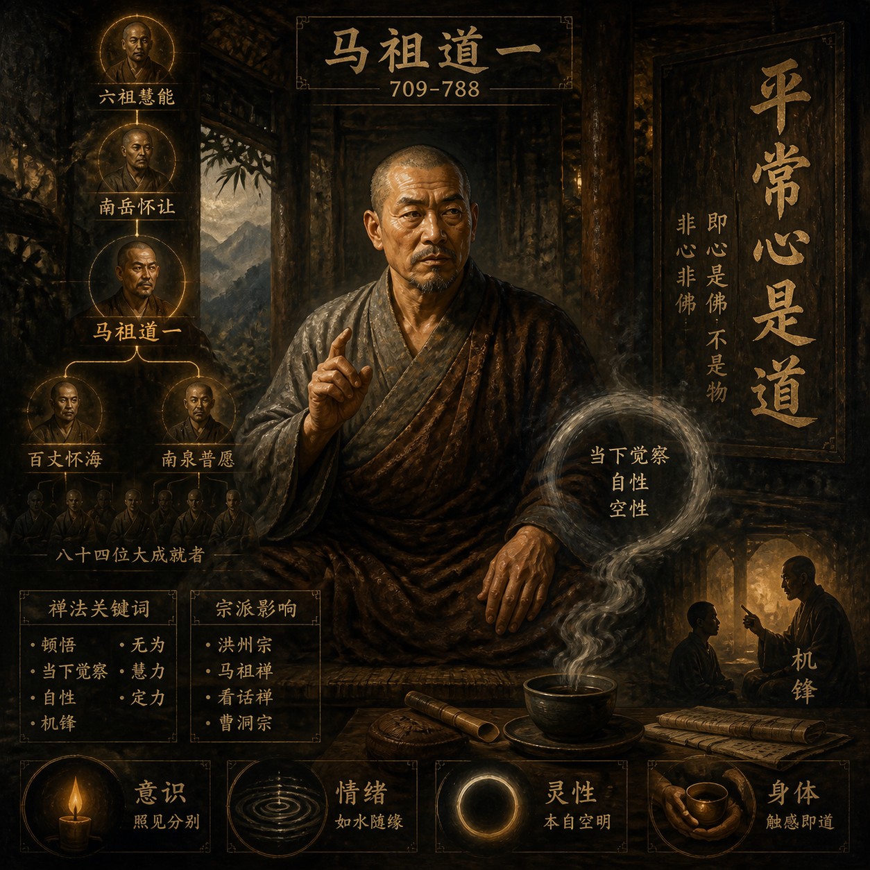 马祖道一：一只唐代样式的素面木桶静置于石阶上，桶内水面平静如镜，映照出上方微光，四周大片空处，桶与水是画面唯一的焦点