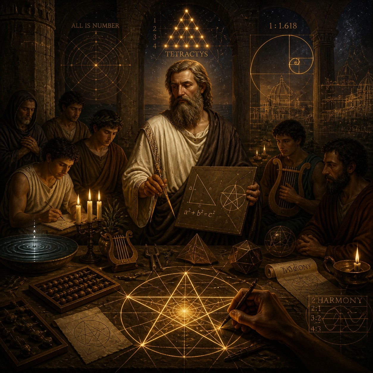 毕达哥拉斯：一个由纤细金线勾勒的完整五角星悬浮于大片空处，所有对角线精确交织出内部渐次缩小的五边形序列，最中央微透一处暖意