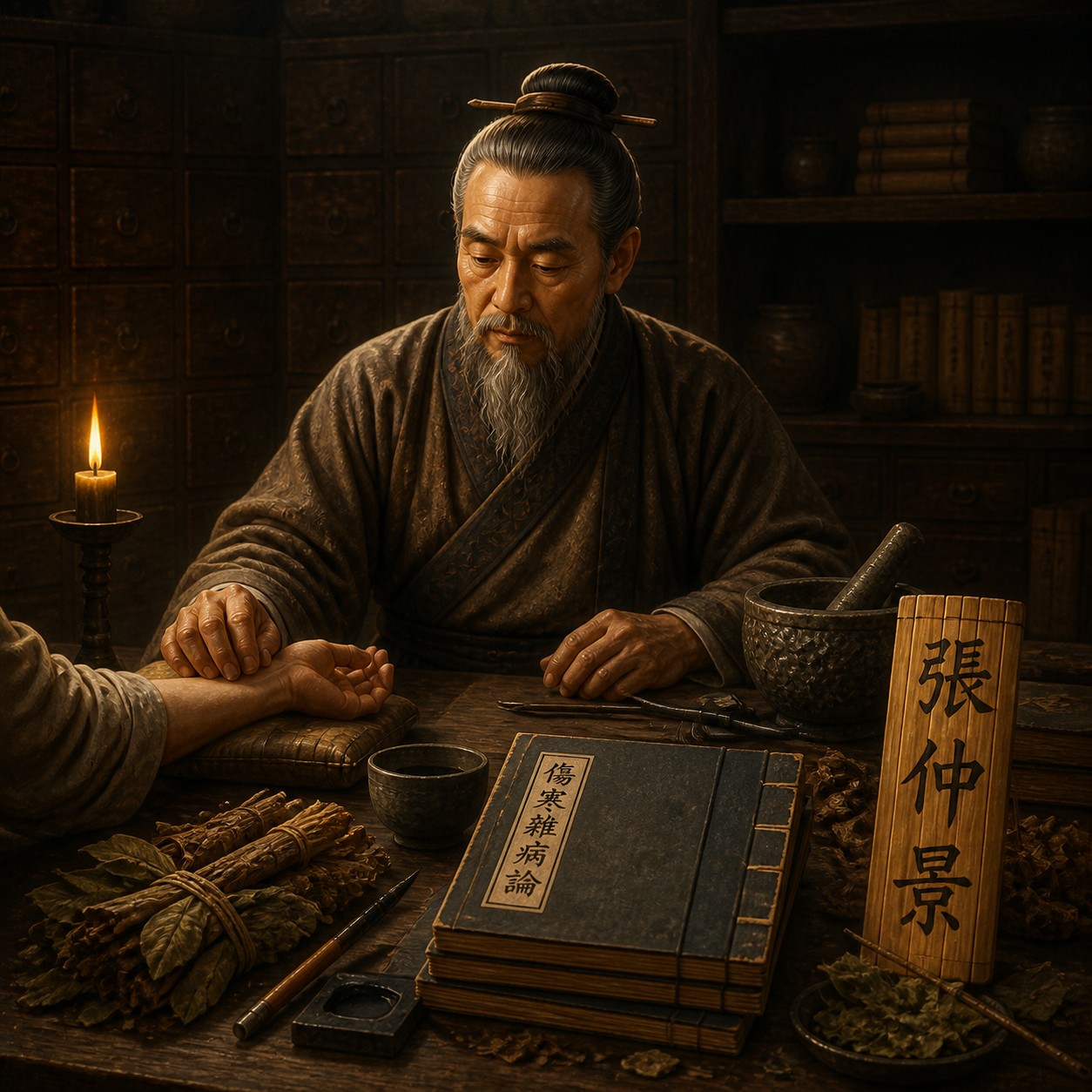 张仲景：一卷汉代风格的竹简部分展开于暗色背景中，竹片以细绳编连，表面布满岁月痕迹，竹简中段透出一线暖意