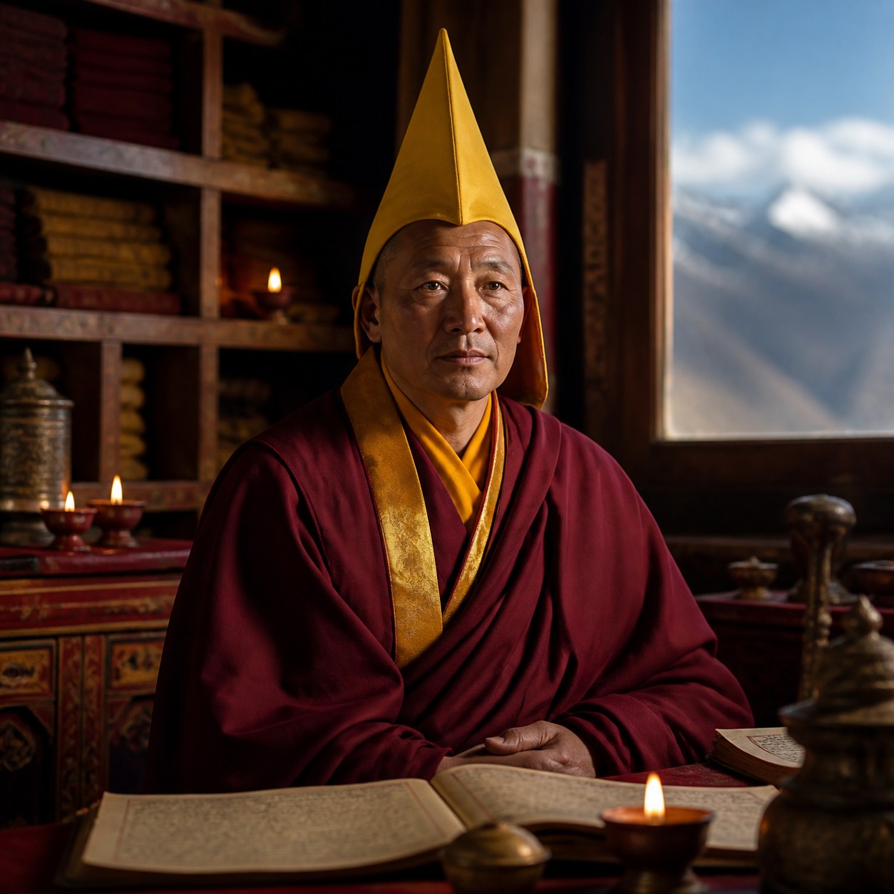 宗喀巴：一顶黄色僧帽端庄置于木案，帽檐带有严谨折痕，旁侧摊开一卷《菩提道次第广论》经卷，二者构成稳定的三角形构图，经卷页缘透出一