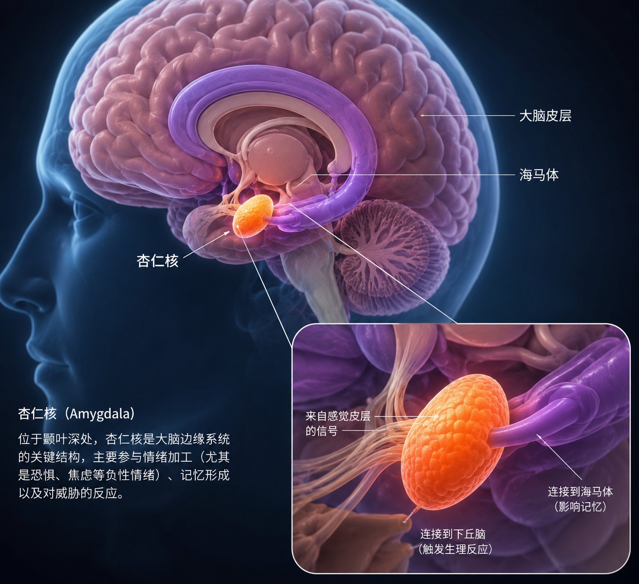 杏仁核：一对精确的杏仁状结构悬浮于空处，左右对称，表面密布神经元突触的细腻纹理，整体形态饱满清晰无畸变，构图铺满画面四边