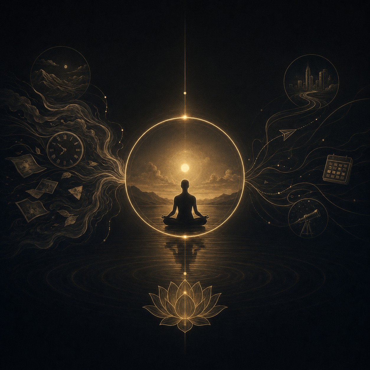临在：一支无装饰的素白蜡烛立于石台正中，火焰笔直稳定不摇曳，烛身隐于大片空处，火焰是画面唯一的微光来源