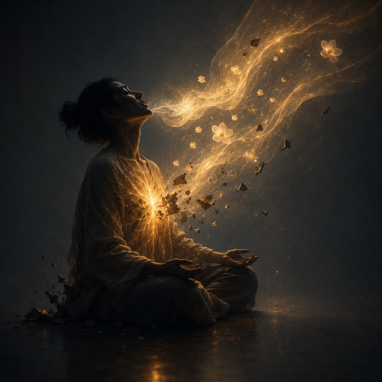 释放：一段粗麻绳在空旷处打成一个明显的结，绳股正处在滑动分离的瞬间——结扣已松、张力犹在但正在散去，几股纤维从松散处逸出，一缕