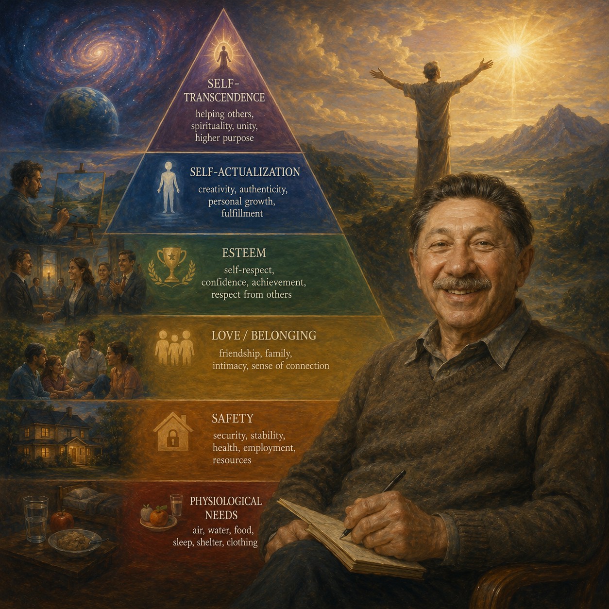 亚伯拉罕·马斯洛：亚伯拉罕·马斯洛的半身肖像位于画面中央，他戴着眼镜，眼神深邃，标志性的络腮胡清晰可见，身穿学者西装，画面四周留白，肖像左