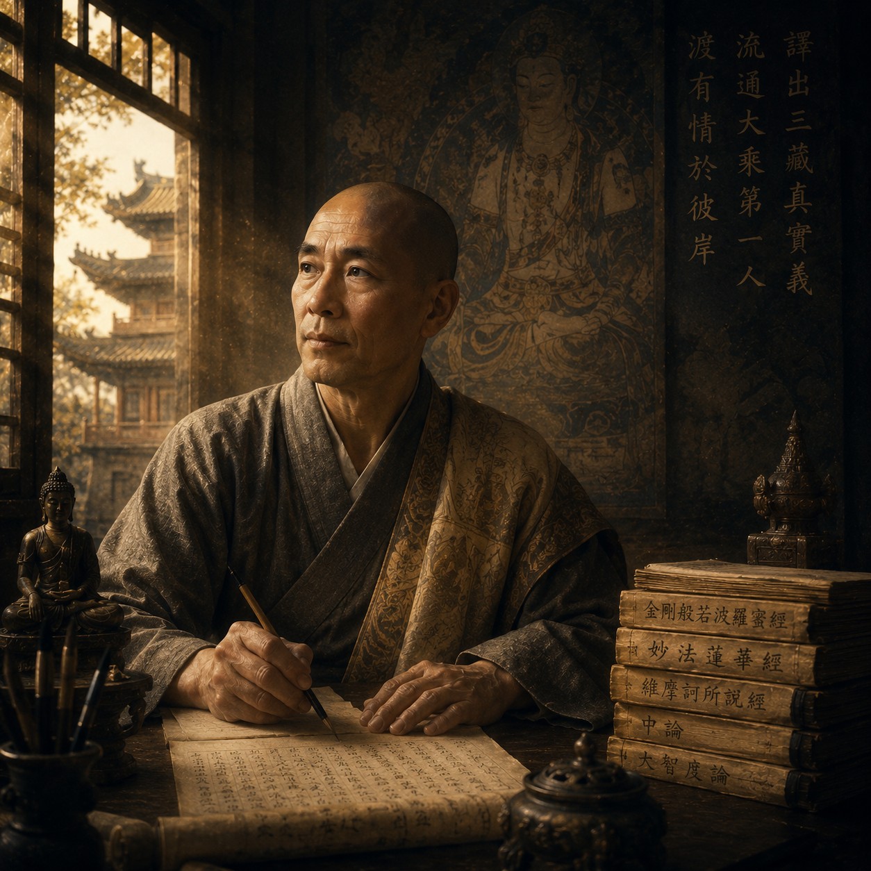 鸠摩罗什：一卷展开的汉文佛经静置于石台，宣纸纹理清晰可见，经文墨迹沉着典雅，经卷两侧自然垂落形成柔和皱褶，在空旷背景中成为唯一焦点