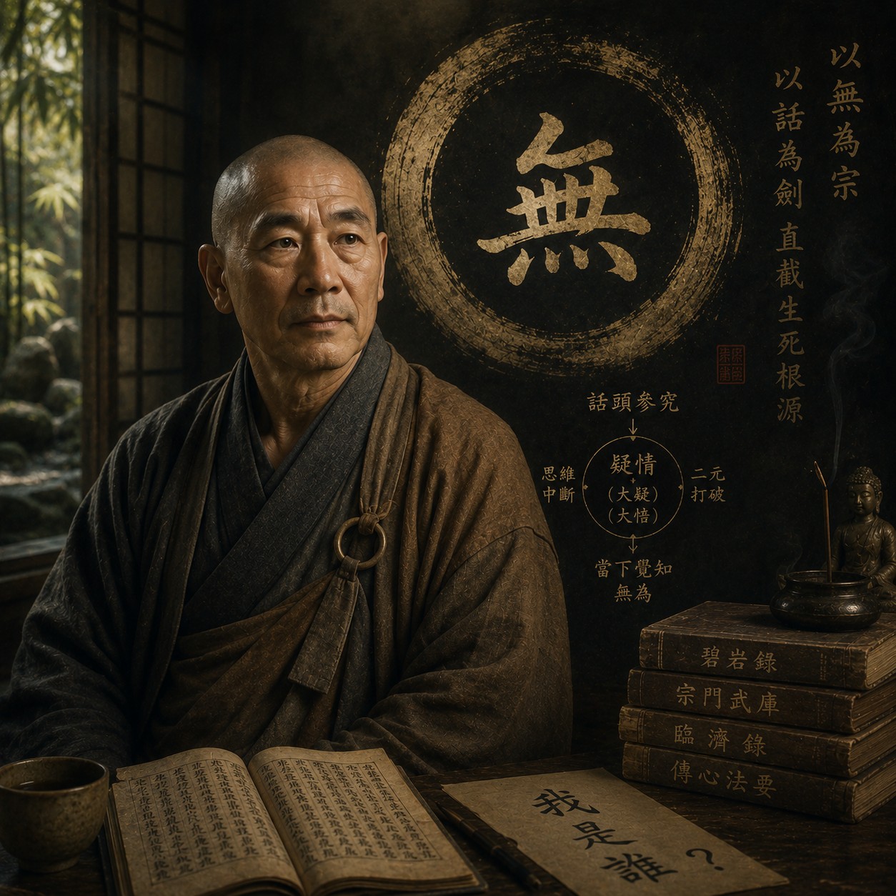 大慧宗杲：一块厚重的木版正在燃烧，火焰从边缘向上卷动木纹，火星微亮，置于大片留白的空旷中，燃烧处是画面唯一的微光源