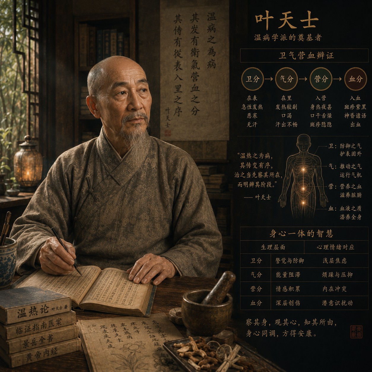 叶天士：一卷线装古籍斜置于案几，深色封面上可见『温热论』三字竖题，书页微开露出内页竖排繁体字，四周大片空寂，书脊缝线处透出一缕细