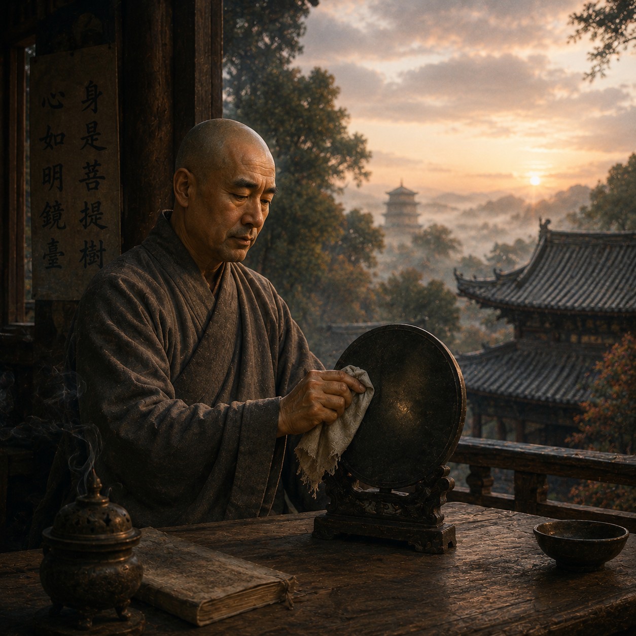 神秀：一张唐代铜镜置于案上，镜面微尘，一只手执拂尘正从镜面轻柔拂过，四周大片留白，镜面是画面唯一的微光来源
