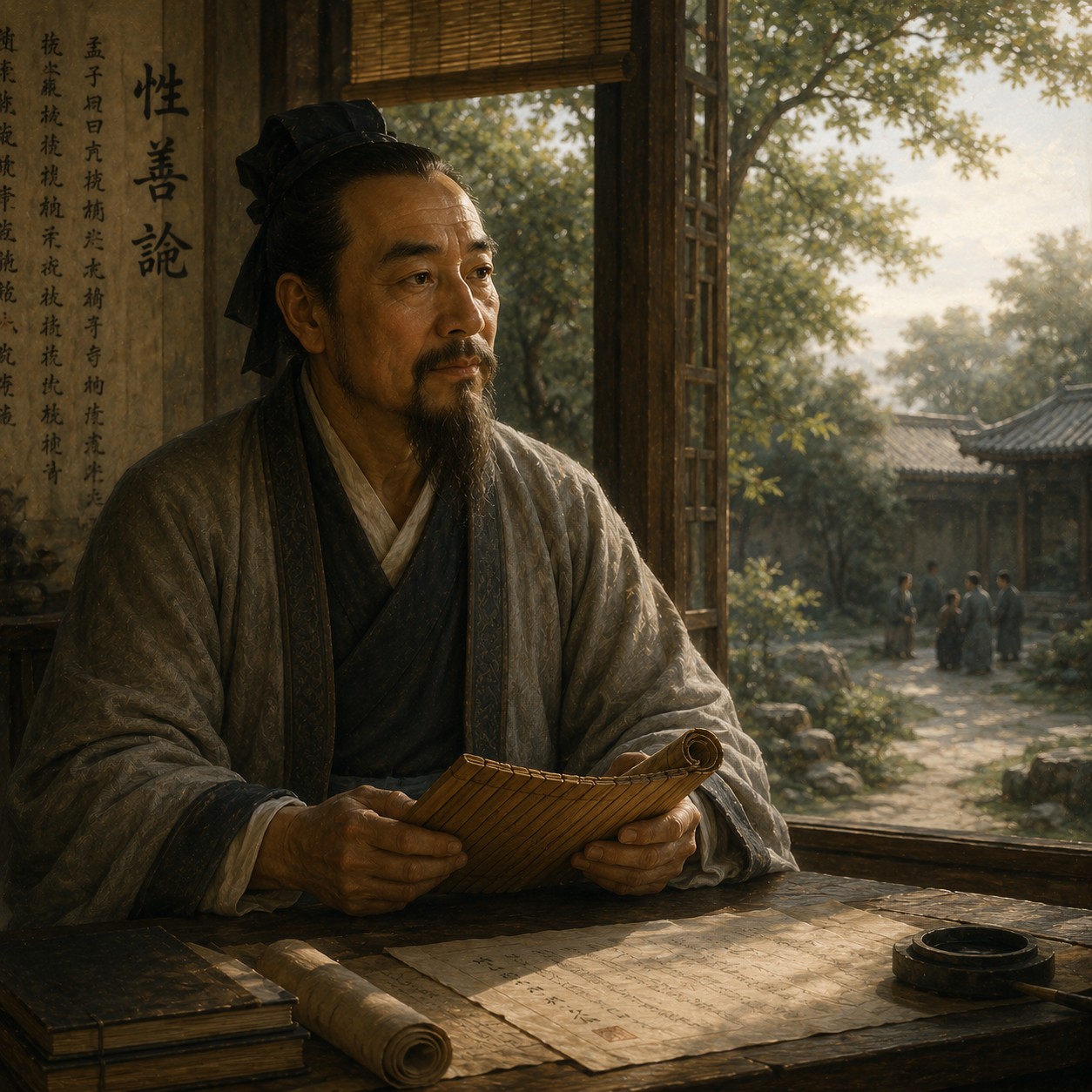 孟子：一株青翠幼苗从近黑空处向上生长，根部隐约显现仁、义、礼、智四字，茎叶舒展而鲜活，画面仅以幼苗根部为微光来源
