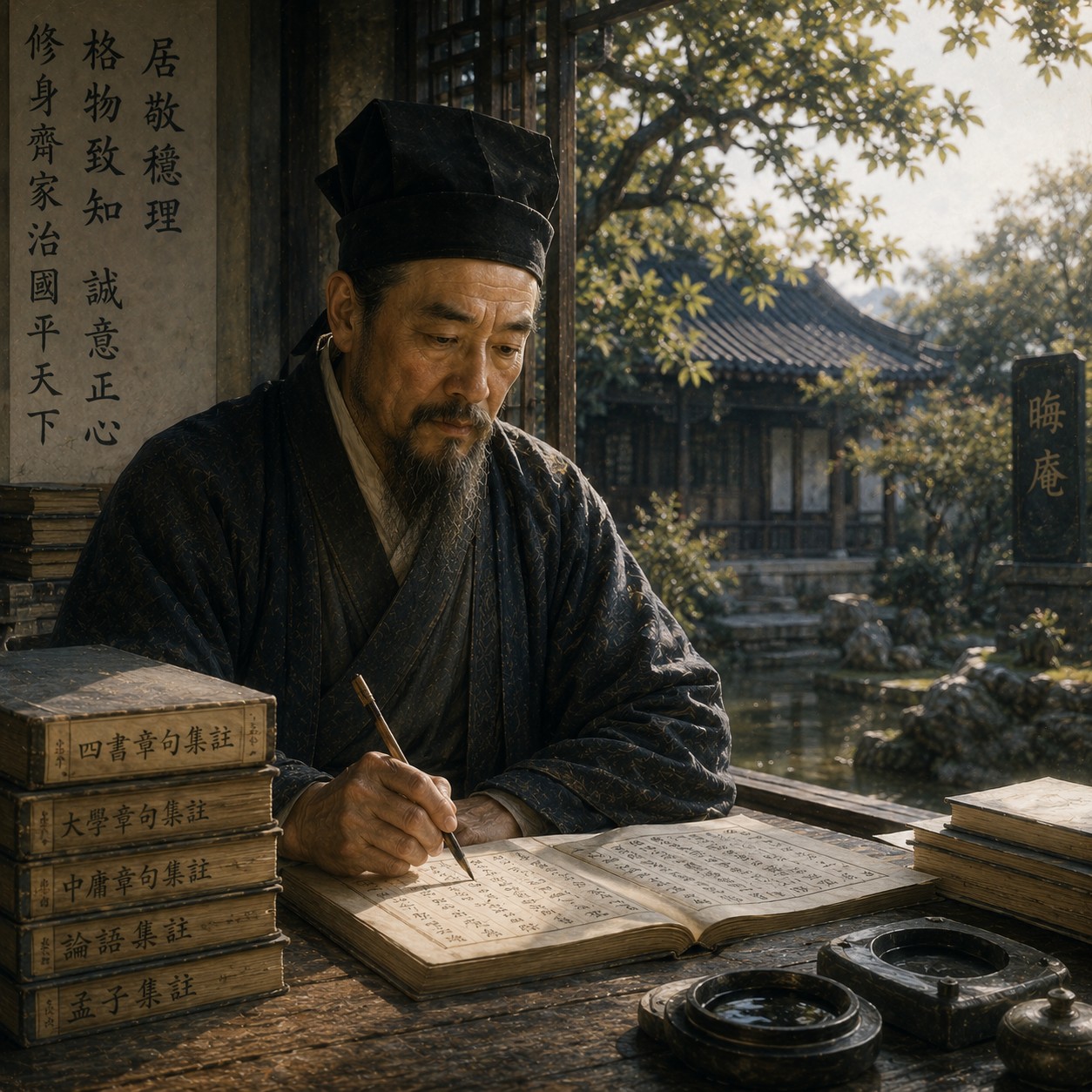 朱熹：一册展开的《四书章句集注》典籍置于石案上，页缘布满细密朱笔批注与圈点，在空阔环境中成为唯一焦点，书页间透出一处暖意