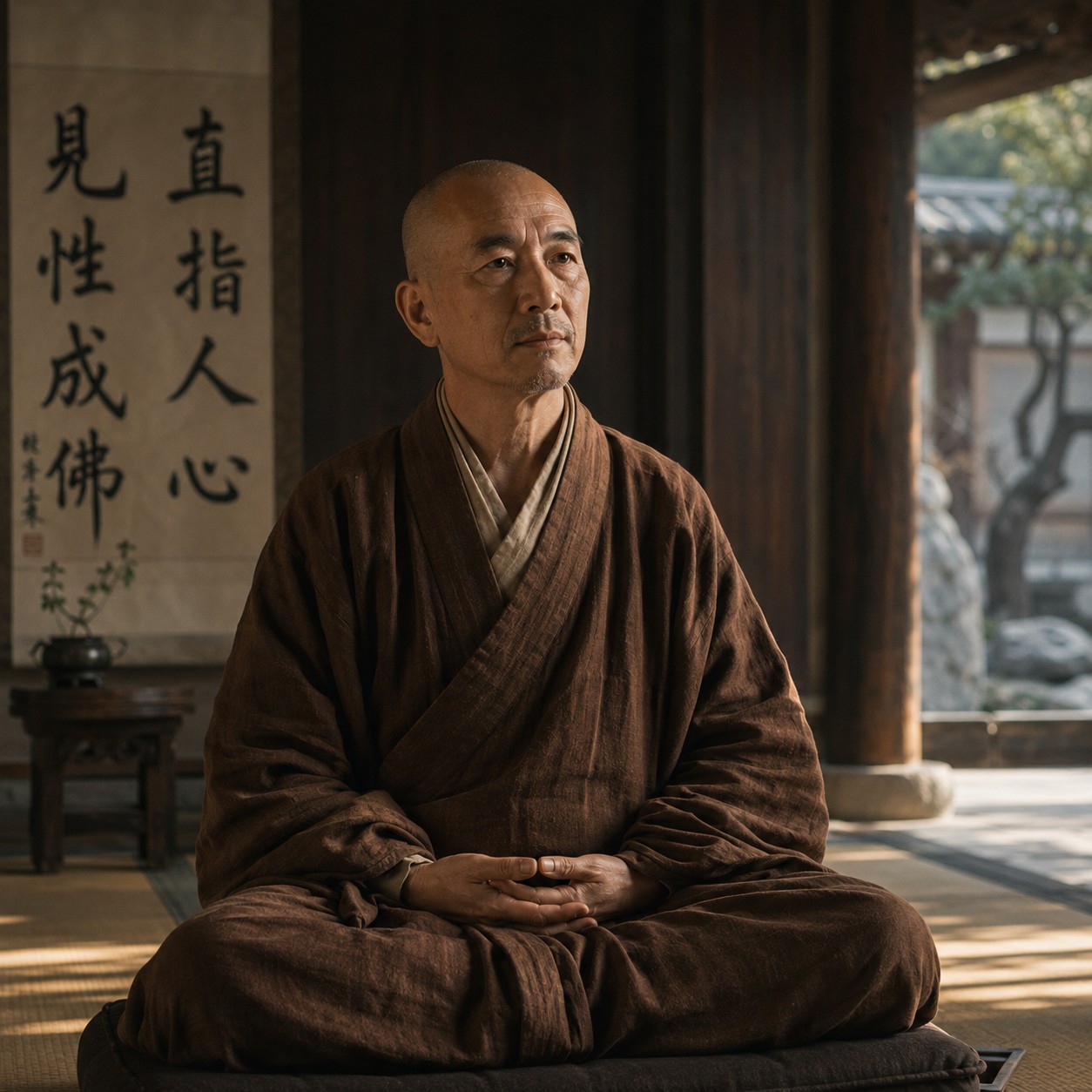 禅宗：佛陀侧身而坐，右手轻捻金婆罗花茎部，迦叶尊者微含笑意，两人之间留白如虚空，花瓣纹理清晰可见