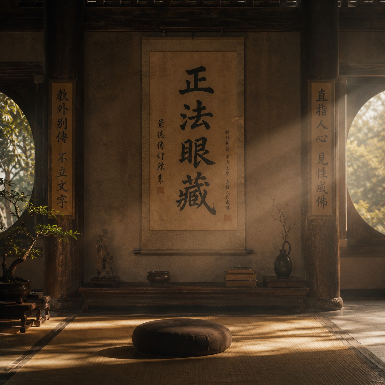 正法眼藏：佛陀侧身而坐，右手拈起一朵金婆罗花，花瓣形态精准，迦叶尊者于画面另一侧微含笑意向花，两人之间大片留白，花心透着极细微光