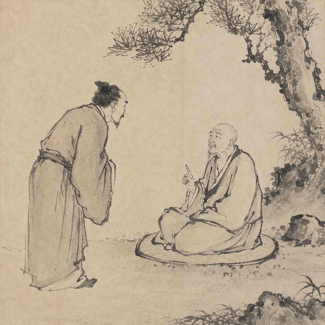 公案：一只孤立的手悬于大片虚空中央，五指自然舒展，无身体无背景，掌心微转似要捕捉不可见之声，四周归于极简空无