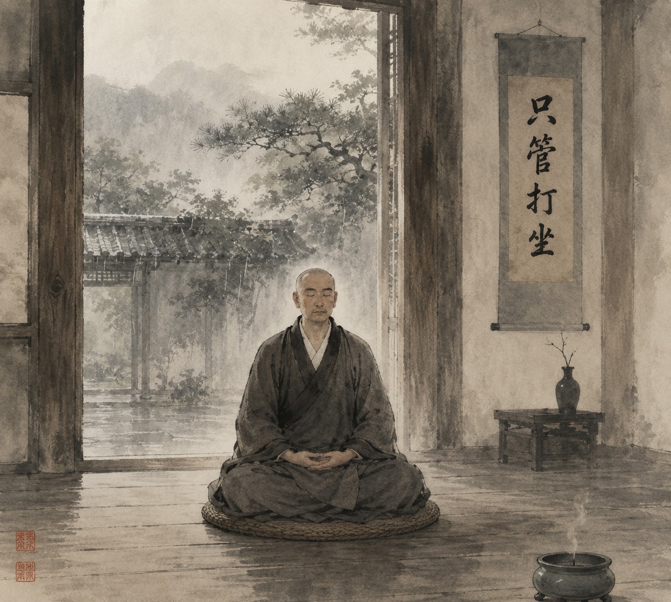 曹洞宗：一位着深色僧袍的禅僧于蒲团上结跏趺坐，脊柱如竹般挺直，双手叠放结定印，低垂的目光落在身前一片空处，四周归于极简的留白