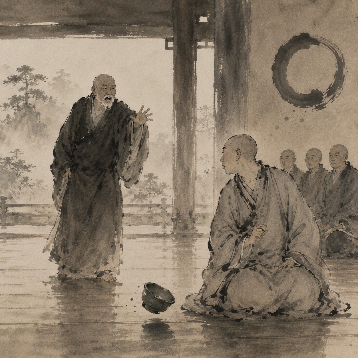 棒喝：一位禅师高举直棍禅杖于禅堂前，作势欲落，张口似暴喝状，学人端坐其下，四周空旷，焦点聚于杖与喝斥的瞬间
