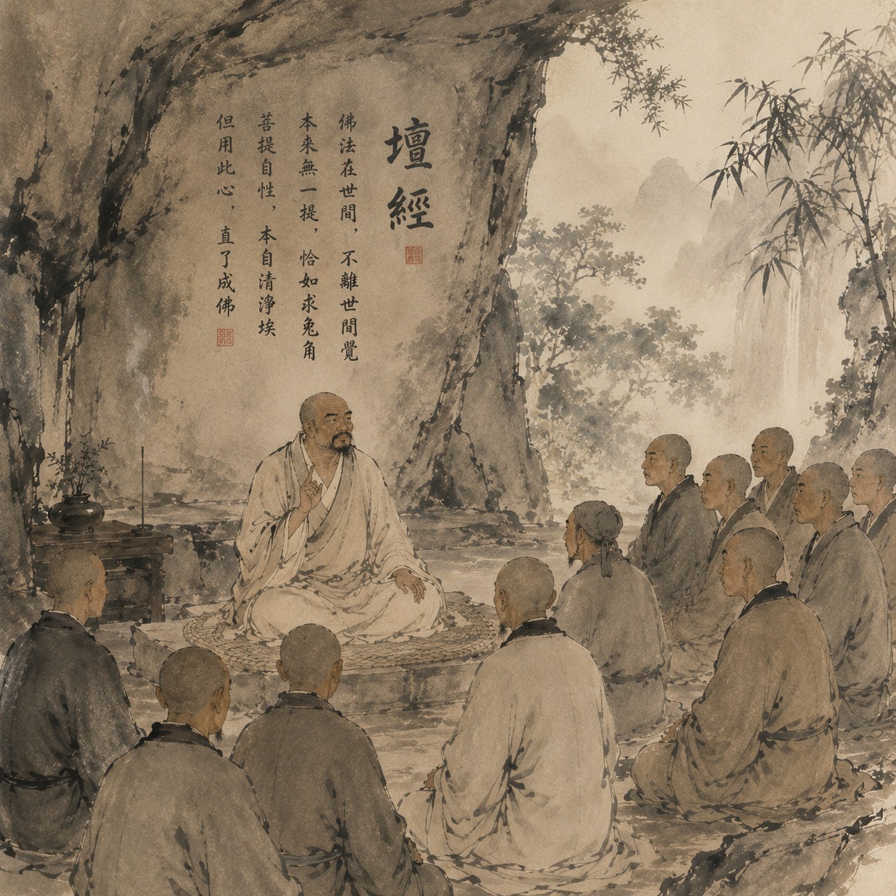 坛经：一方未经雕琢的简朴石坛居于画面正中，坛面平坦空阔，左侧虚化摊开一卷空白经卷，坛体线条刚劲平实，四周大片留白