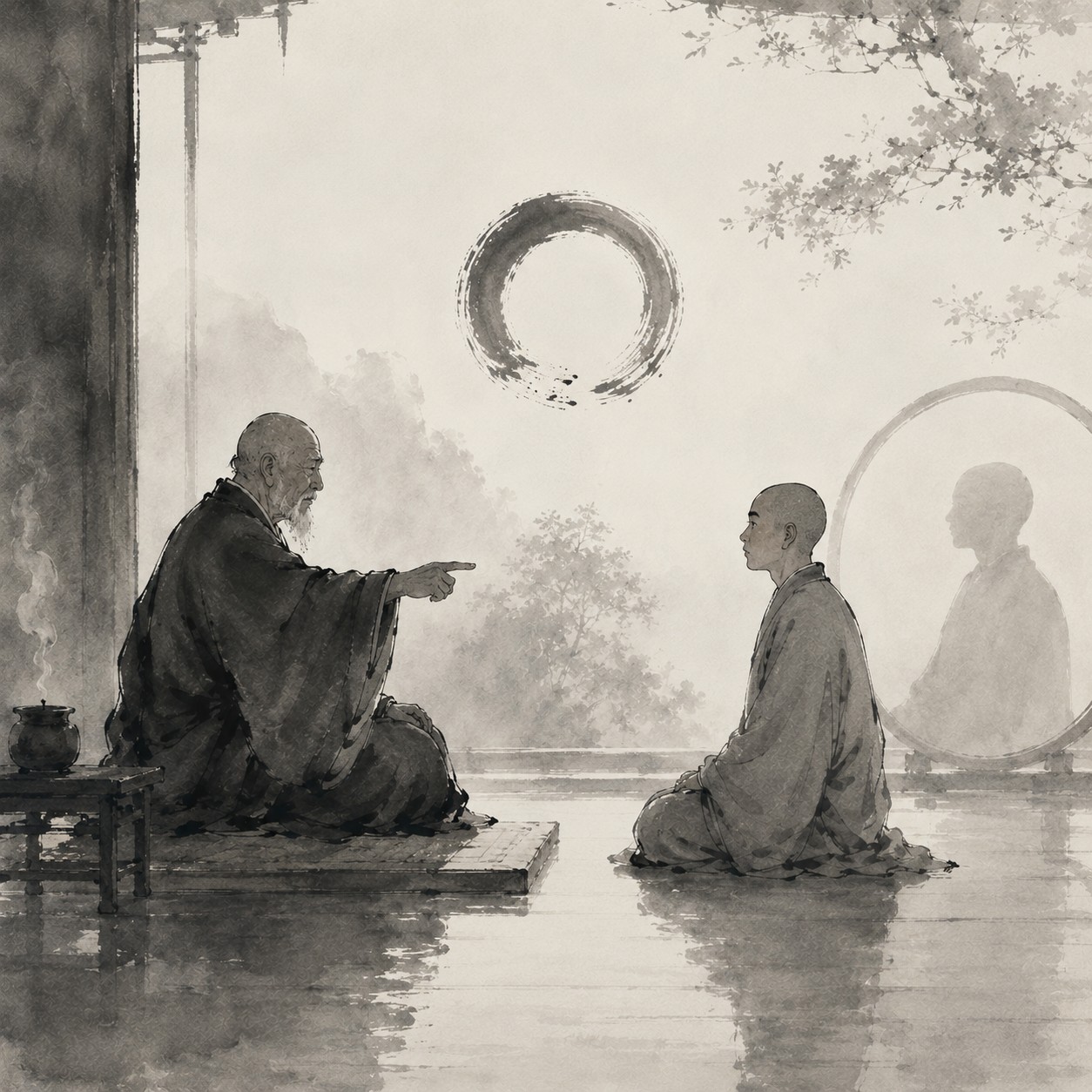 直指人心：佛陀的右手拇指与食指轻拈一朵莲花花茎，迦叶尊者在其侧下方破颜微笑，两人之间大片留白，花心处透出一处极细微光