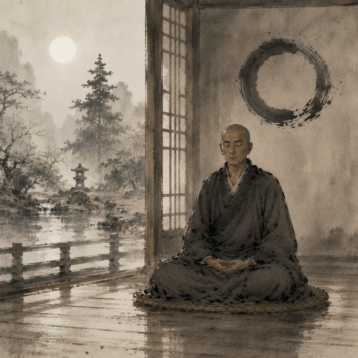 默照：一盏朴素无纹饰的旧油灯立于石台，灯焰笔直稳定不摇曳，四周归于绝对的空寂，灯是画面唯一的微光来源