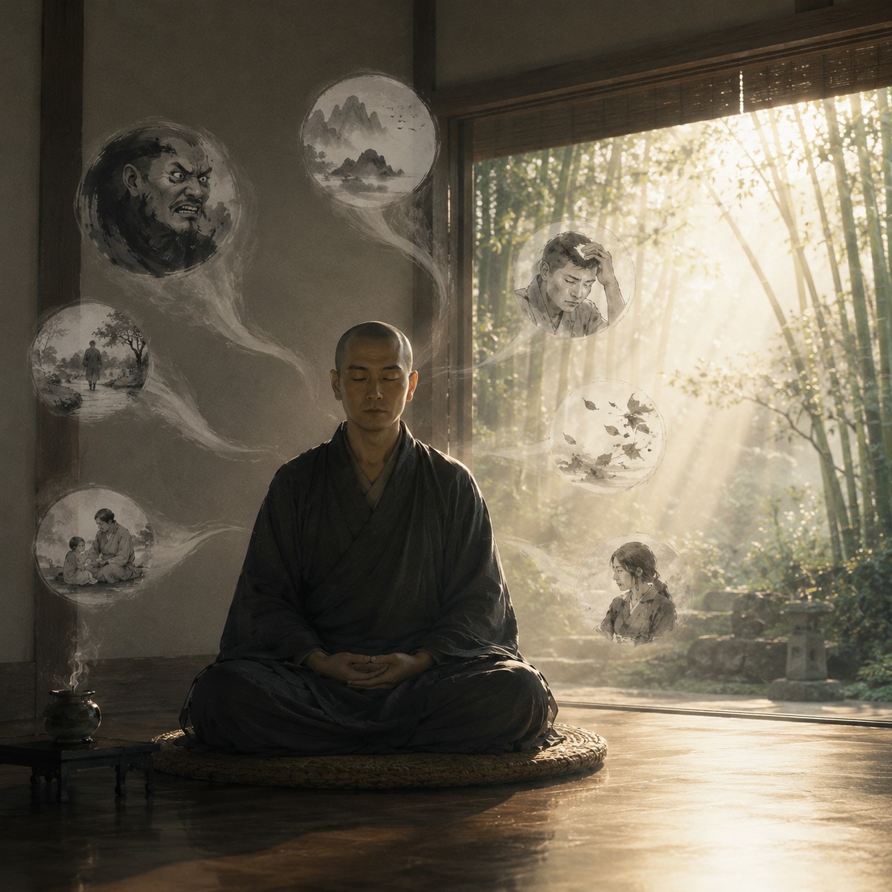 只管打坐：一个结跏趺坐的背影静静居于画面中央，脊柱挺直如竹节，双手结定印拇指相触，衣纹自然垂落，四周留白极多，唯一暖意从禅者周身轮
