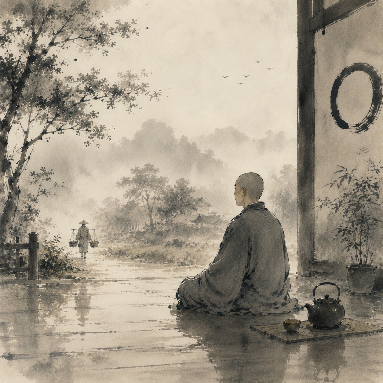 平常心是道：一只素面陶土茶碗静置于木台，碗沿略有使用痕迹，内壁残留几片沉底的茶叶，四周大片留白，碗底透出一处温润微光