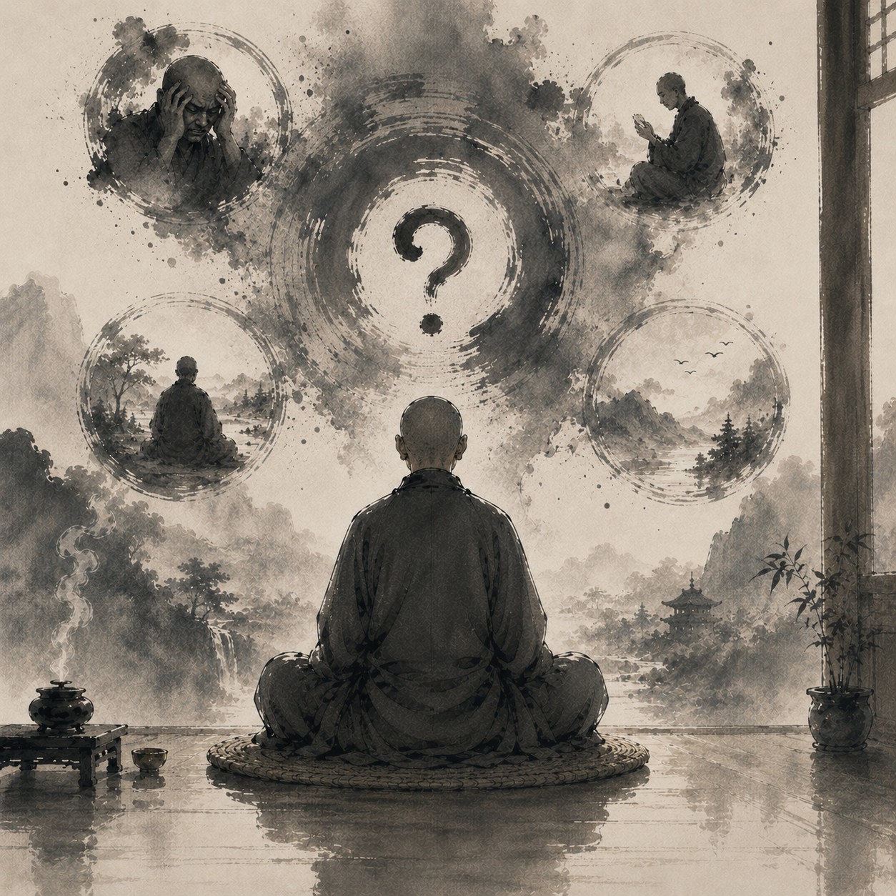 参话头：一个巨大的半透明能量态问号悬于虚空中央，边缘呈现燃烧波动感，四周归于极简空旷，燃烧的尖端是画面唯一的微光来源