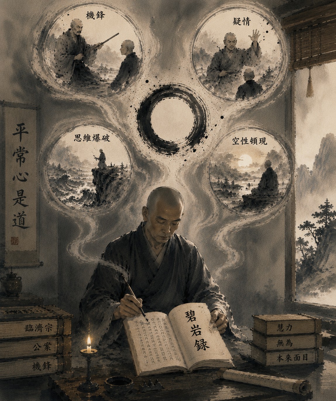 碧岩录：一本摊开的宋代线装古籍置于石台上，封面题签清晰可见，内页竖排繁体字间有朱批圈点痕迹，四周大片留白，书页自然微卷处透出一处