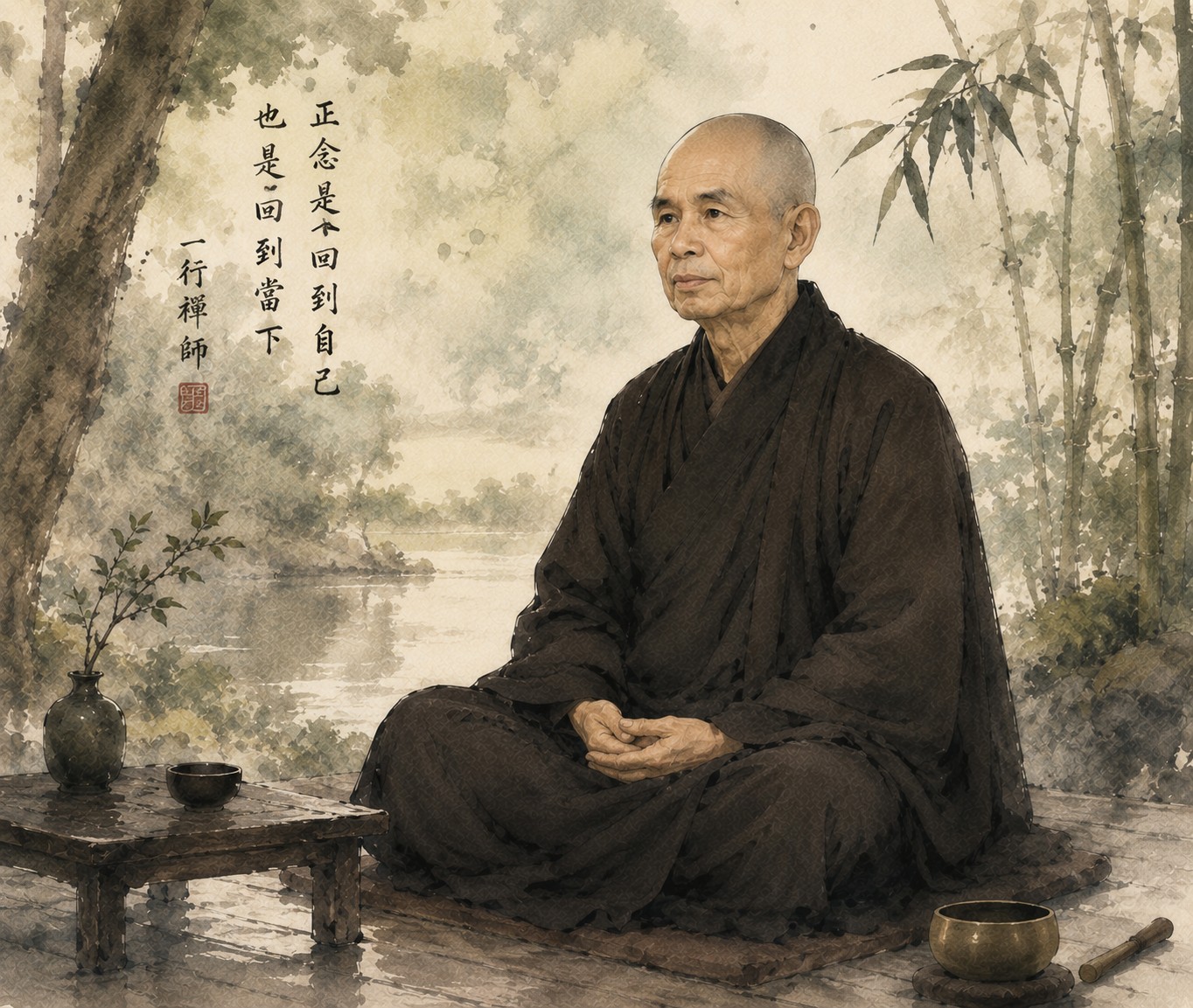 一行禅师：一盏朴素的陶杯被双手捧在膝上，杯中茶水平静无纹，人物以侧影盘坐于大片空处，茶杯是画面唯一的微光来源