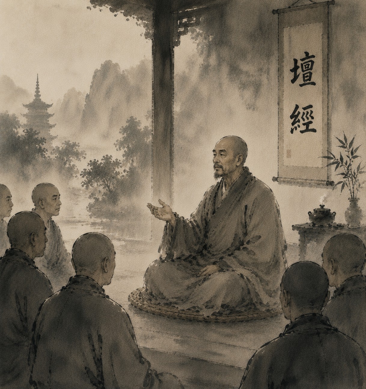 六祖坛经：一只半旧的石臼静置于空旷处，一柄木杵斜倚臼沿，臼内空无一粒谷壳，大片留白，臼底细微缝隙间透出极微光