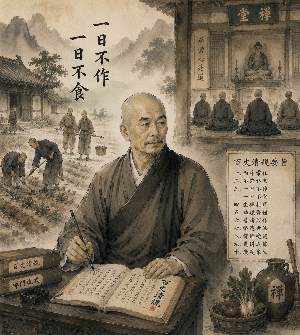 百丈怀海：一卷展开的竹简横陈于案上，简上清晰可见『一日不作，一日不食』八字规训，竹简纹理分明，四周归于大片空处，竹简表面微微泛着一