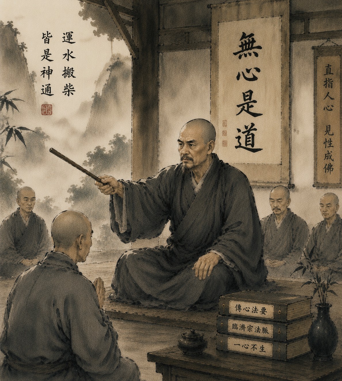 黄檗希运：一支笔直简朴的木禅棒高举于空，持棒的手势沉稳有力，背景空阔如截断众流，棒端落有一处凝练的暖意