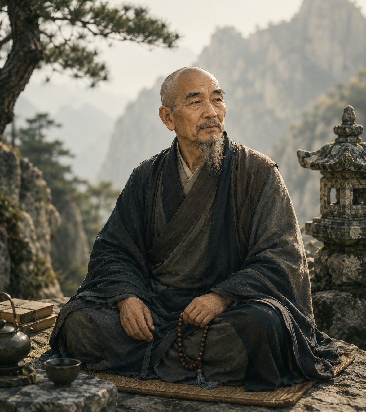 石头希迁：一块自然浑圆的巨石静立于空处，石面略带苔痕与岁月痕迹，四周隐有薄雾轻笼，石底与地面的接触面透出一处温润的微光