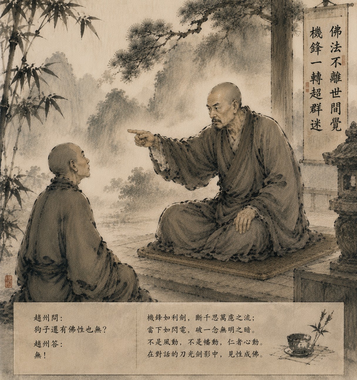 机锋：一只唐代素色茶盏静置于简朴木案，盏口微倾似刚被放下，盏底残留一线未干的茶痕，案面空无一物