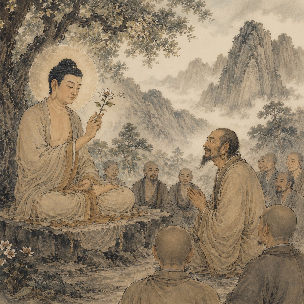 拈花微笑：佛陀以右手轻拈一朵金色波罗花，花茎微垂，花瓣半展；对面的迦叶尊者微微低头，唇角浮起一丝含而不露的笑意，眼神与花相对。两人