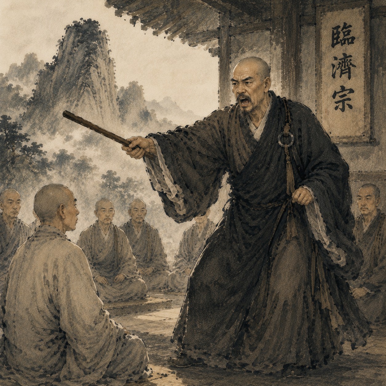 临济义玄：一位禅僧侧身立于空旷处，一手握拄杖自然垂下，另一手微抬，口微张似喝，僧袍衣纹清晰，杖尖几不可见的细线连着虚空，主体四周大