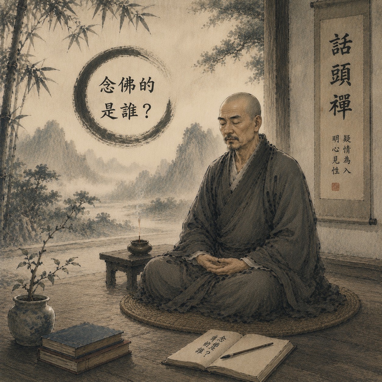 话头：一片深色空旷中，一个空灵圆环悬于中央，圆内正中浮着一个简洁的问号，两者皆以一笔清爽的线条勾勒，余处大片留白，无他物