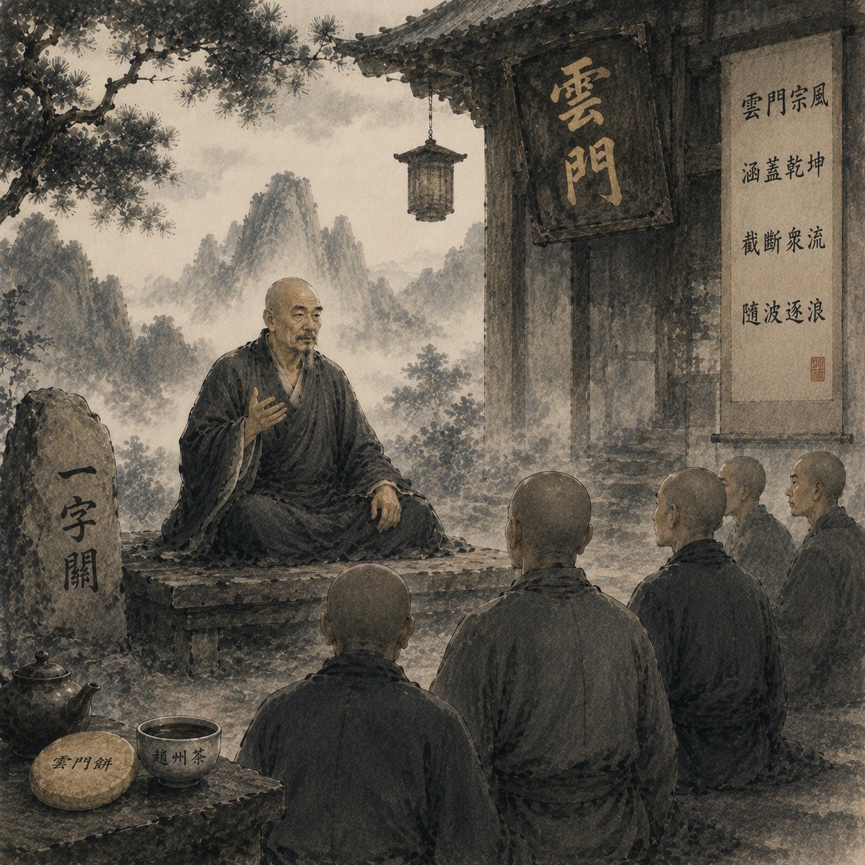 云门宗：一扇厚重古朴的木质门正于画面中央猛然合拢，门扉纹理清晰，门缝中透出一线极细微光，四周归于大片空寂