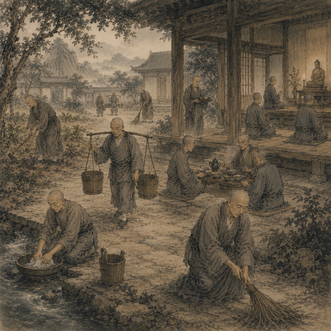 百丈清规：一把旧锄头斜倚在寺院菜园的田埂边，锄刃上沾着湿润的泥土，锄柄因长年使用而光润，远处是整齐的菜畦与一角灰瓦禅房，余处大片留