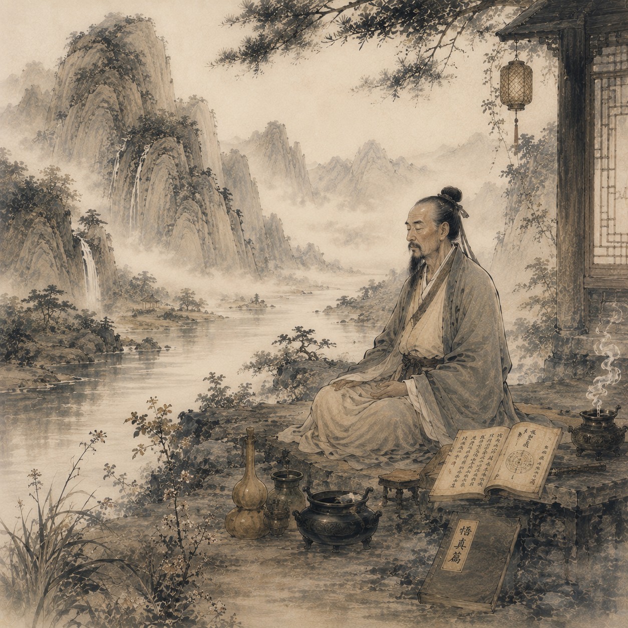 张伯端：一位身着宋代交领右衽道袍的老年道士立于空旷之中，面容清癯，双手捧一册封面题有《悟真篇》的书卷，衣纹垂落，余处归于空旷