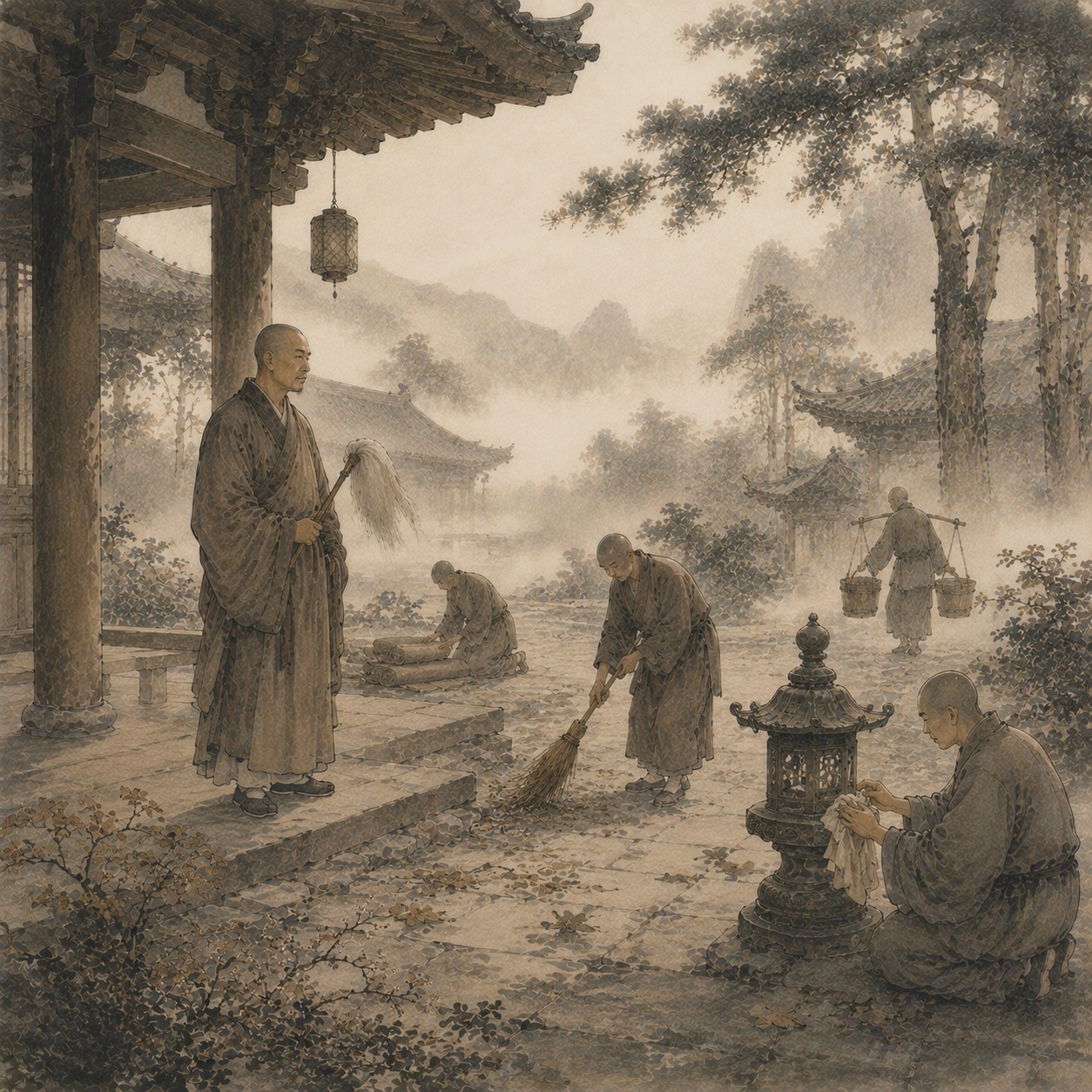 北宗禅：一面圆形古铜镜立于木制镜架上，一只手持素布轻轻拂过镜面，镜中隐约映出空无一人之影，铜镜与手之间留出静默空间，余处归于大片