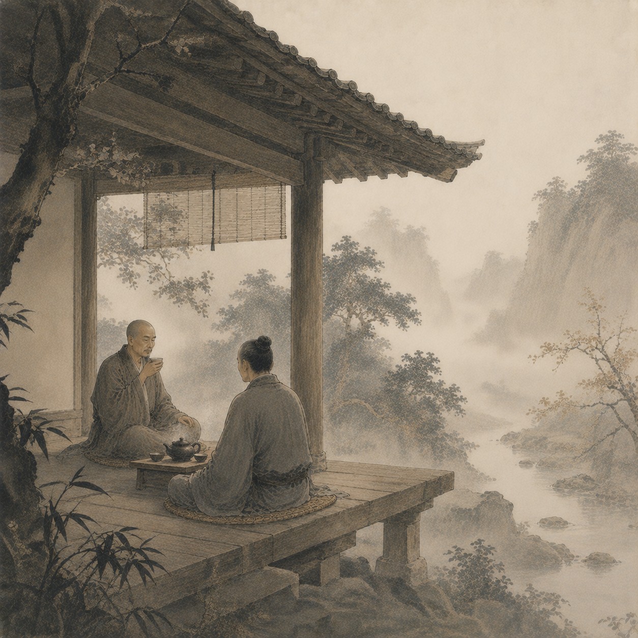 赵州茶：一只素坯茶盏静置于空处，茶汤表面升起一缕细微热气，轮廓清晰不散乱，盏身保留手工陶器的粗粝质感