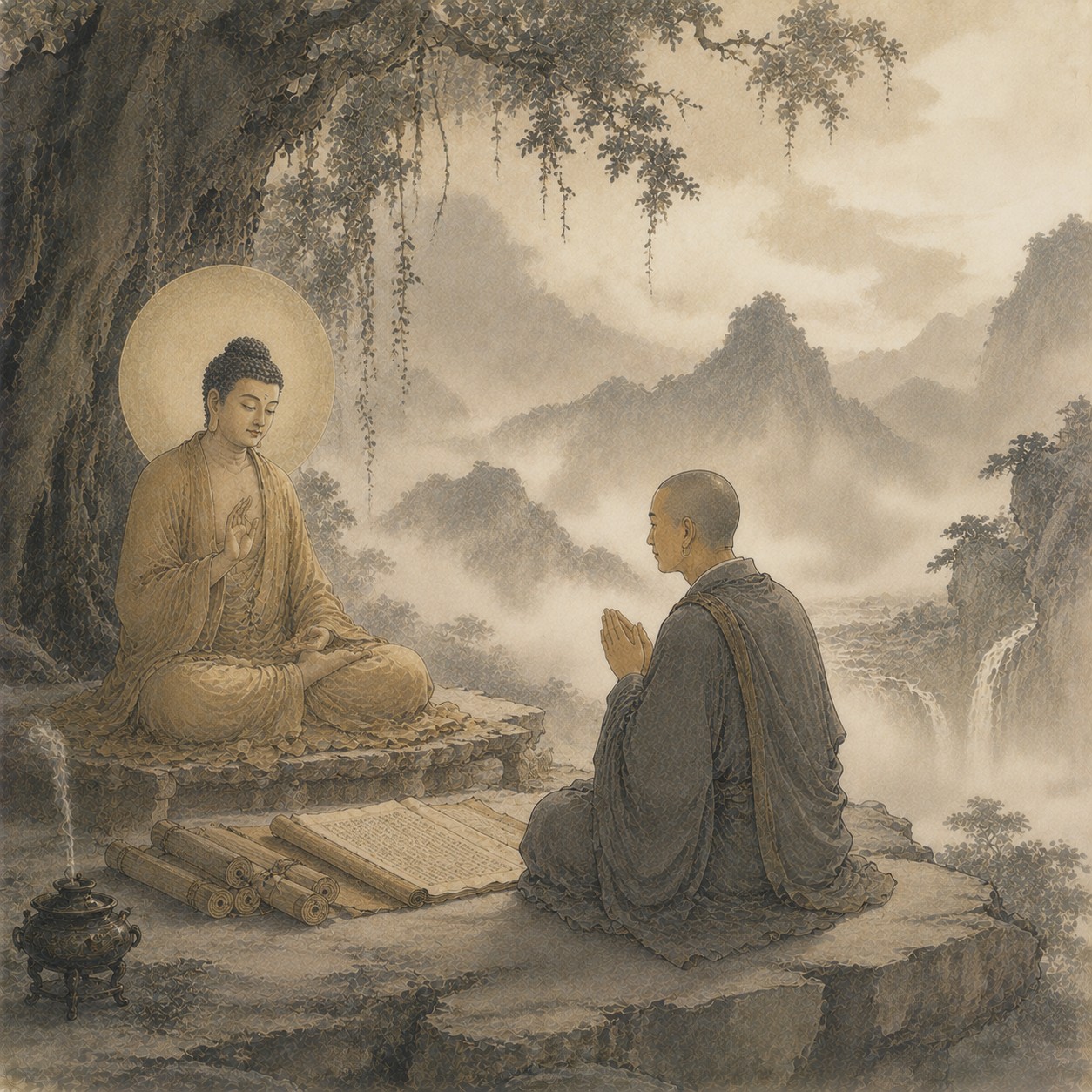 楞伽经：一座陡峭孤绝的山城立于大片空旷中，城顶一尊佛像结跏趺坐于磐石之上，四周山势如刃，无路可攀，城体隐入暗处，佛相是画面唯一的