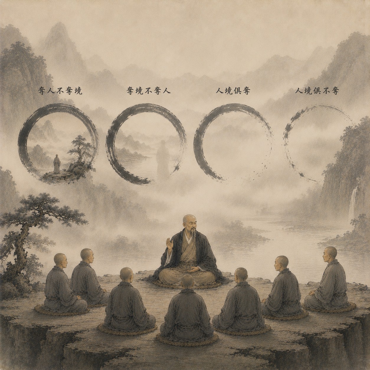 四料简：四个等分方格自左至右横向排列：第一格画人物剪影被抹去而山水留存；第二格画山水消散而人物清晰；第三格人与山水皆虚化；第四格