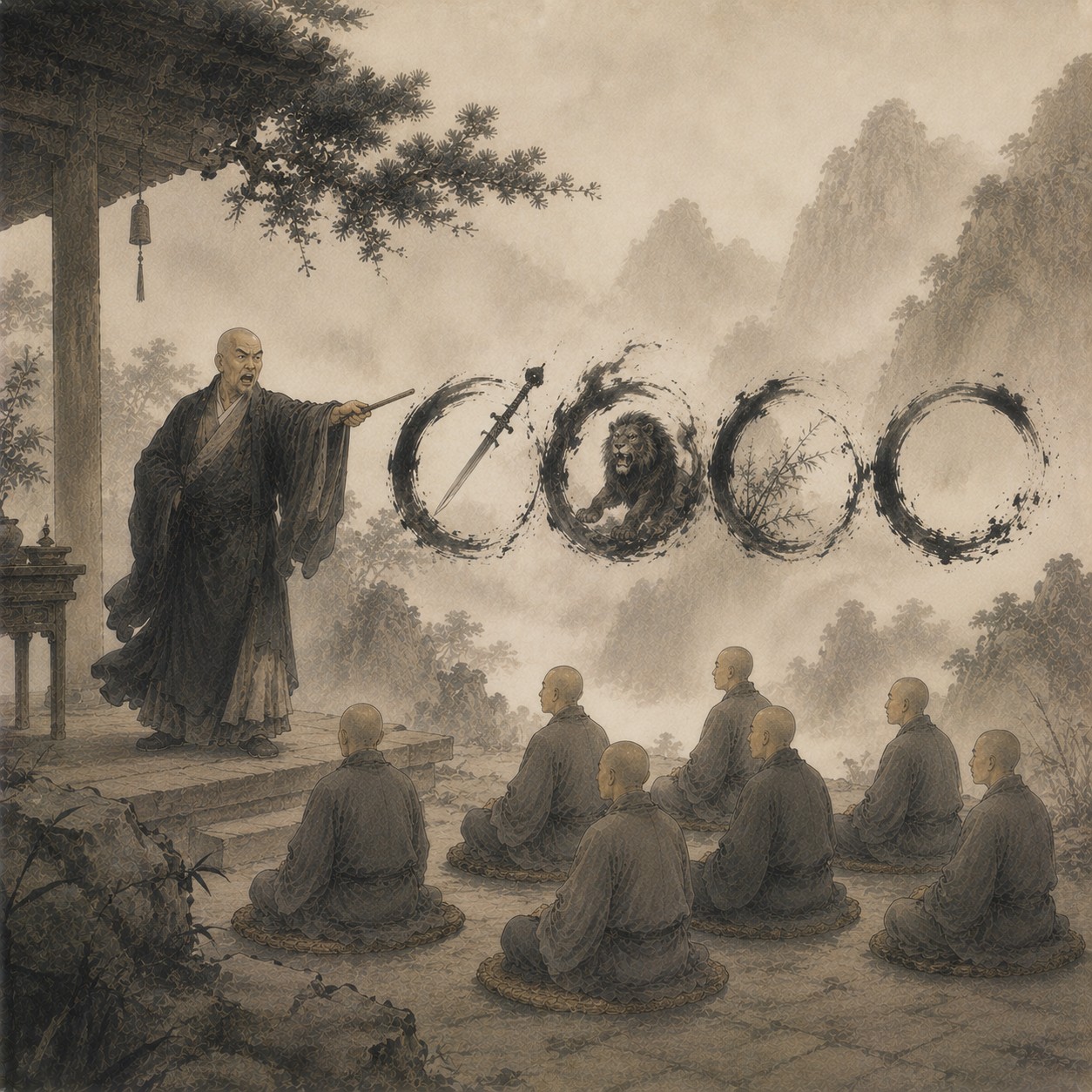临济四喝：一柄古剑挥斩而下，一根粗麻绳应声断裂，绳屑溅散，断裂处透出一丝极细微光，四周大片留白