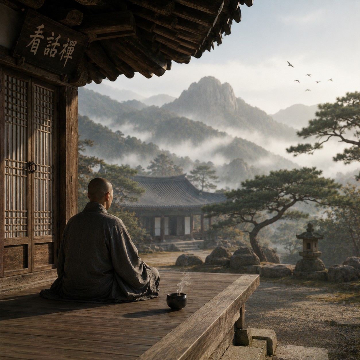 韩国禅：一个空灵的白圈悬浮于大片暗处，圈中央一墨色『无』字清晰而沉静，字迹有骨力，圈外余处均隐入空旷
