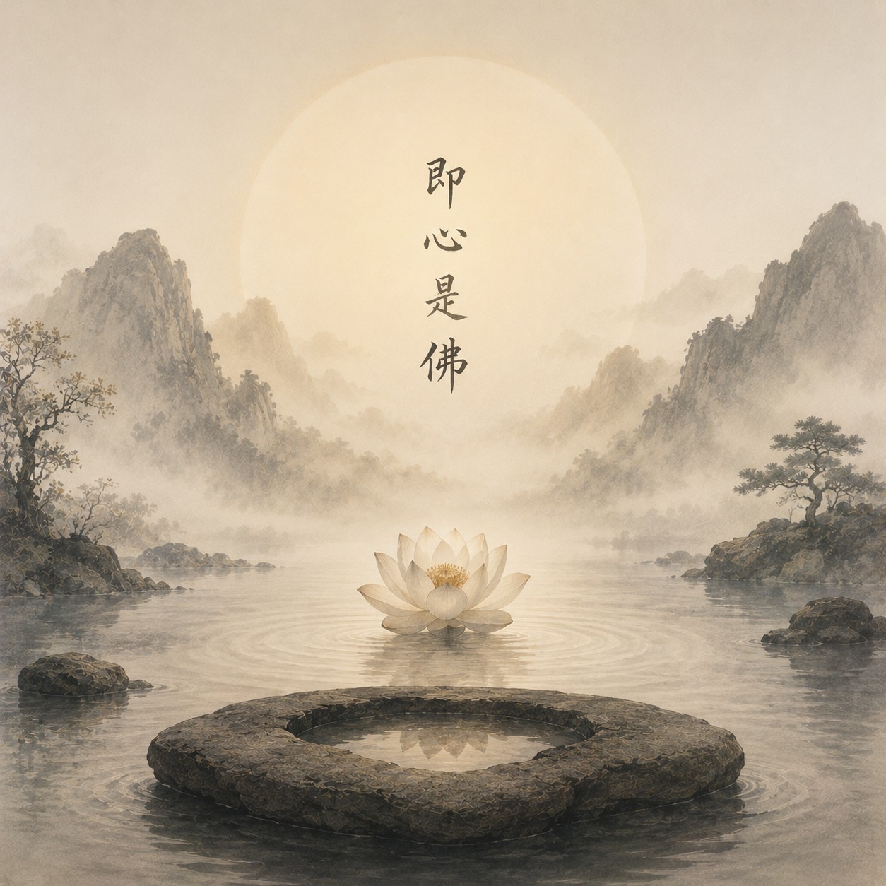 即心是佛：一笔画就的圆环悬于大片空处，线条自然留有微小缺口，四周别无他物，余处皆空