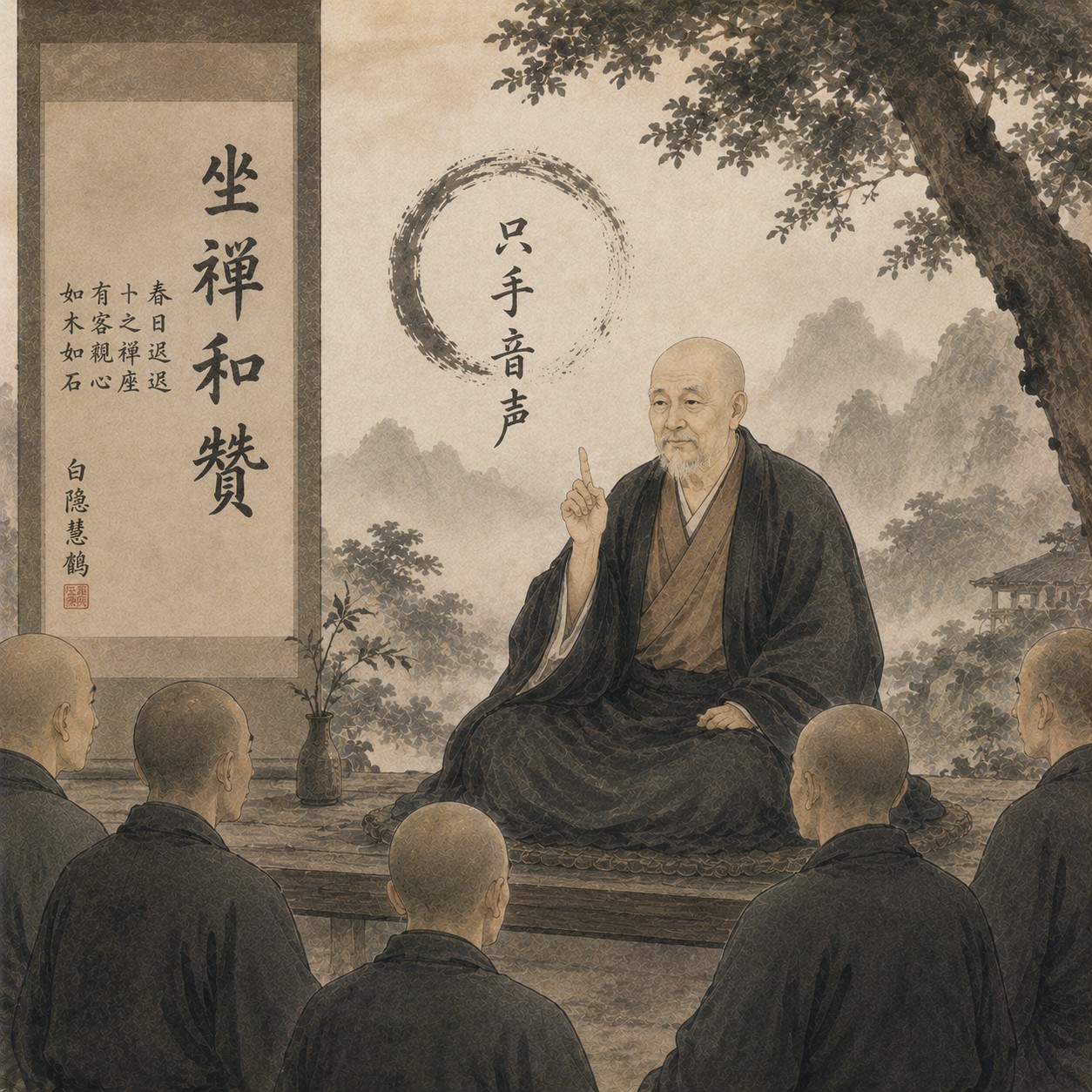 白隐慧鹤：一只举起的手孤立于空处，五指自然舒展，手势清晰有力，手部细节真实，四周大片留白