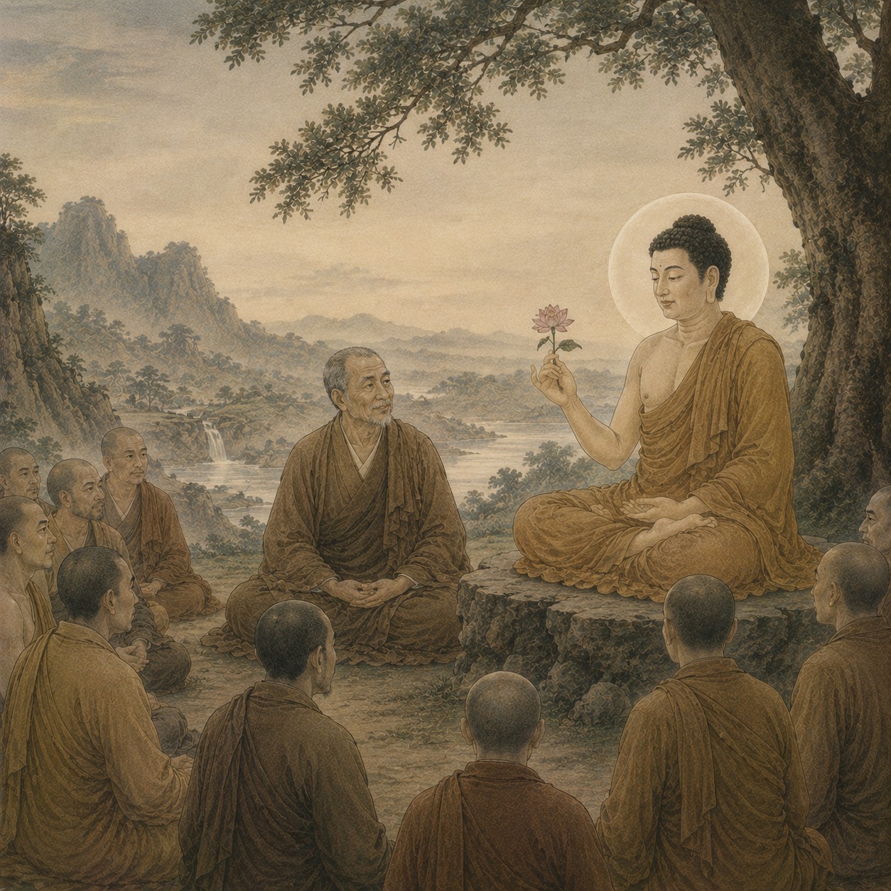 摩诃迦叶：一只苍老的手拈着一朵细小的优昙婆罗花，花瓣纤薄微卷；对面一位年长比丘的侧脸，嘴角微微上扬，目光落在花上。两人之间隔着一片